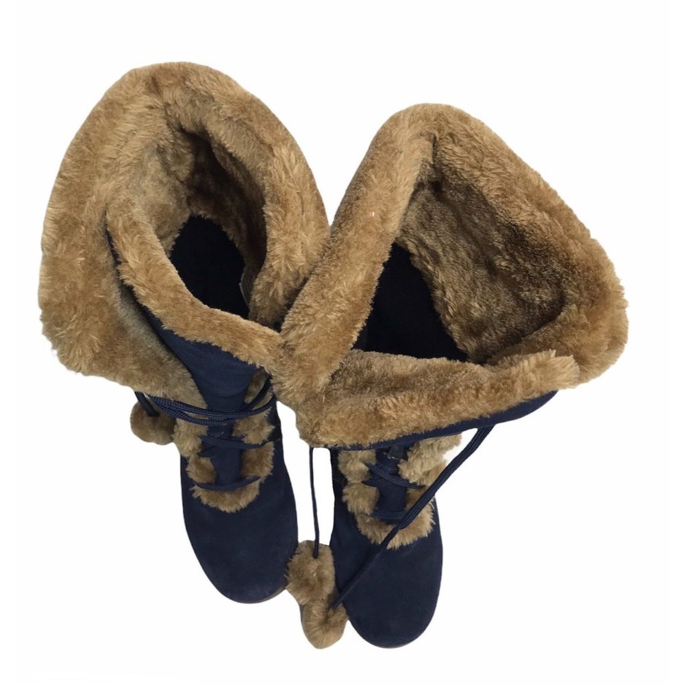 Sporto Waterproof Suede Fur Trim Tall Boots 6.5 Pom Pom Lace Up - Picture 10 of 12